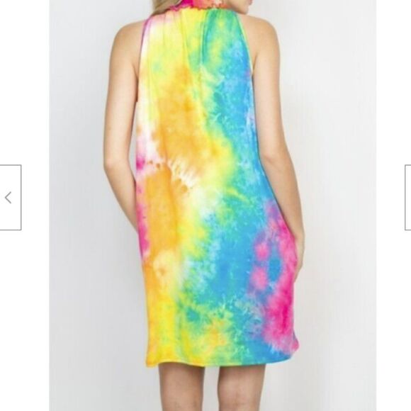 Small Dress by Perfect Peach Smocked Halter Neck Tie Dye Turquoise Blue Hot Pink - Picture 4 of 5